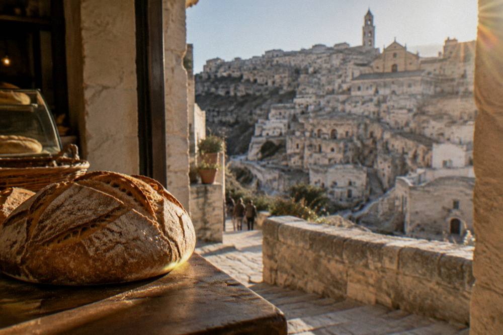 A round crusty loaf of Matera bread on a bakery counter