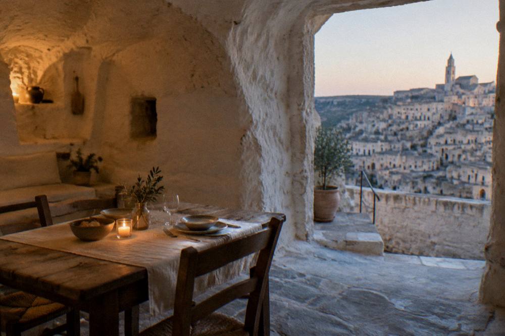 A dining table set inside a whitewashed cave room in Matera
