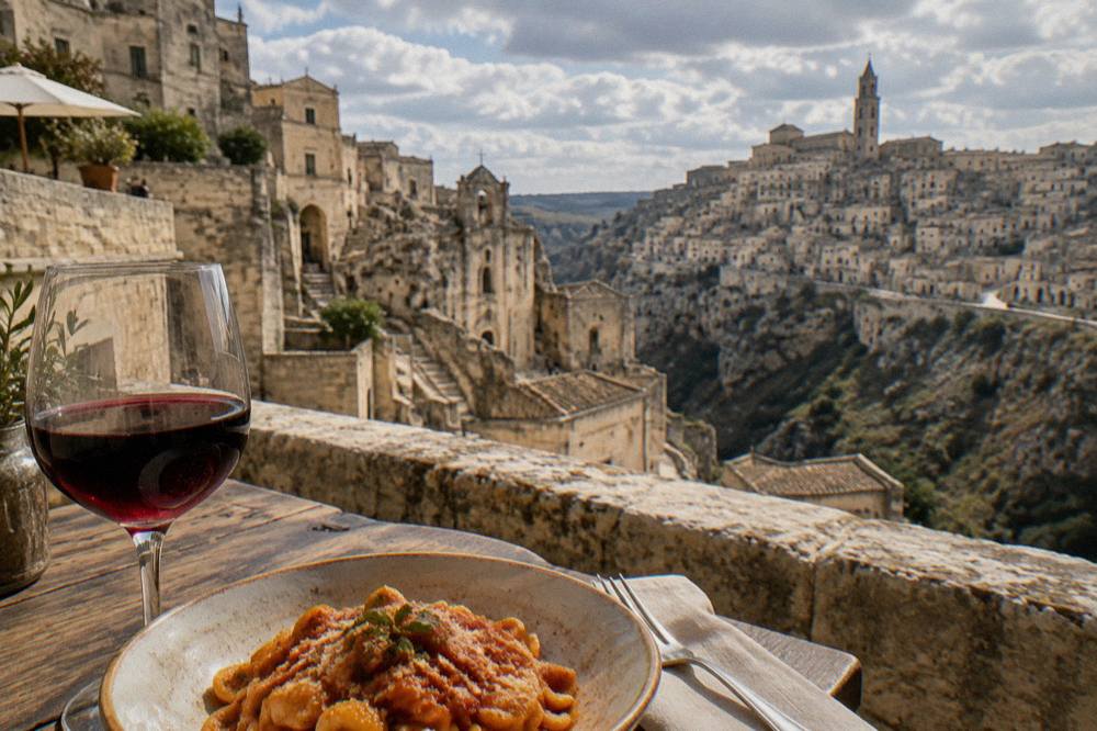 A glass of red wine and a plate of pasta at an outdoor table in Matera
