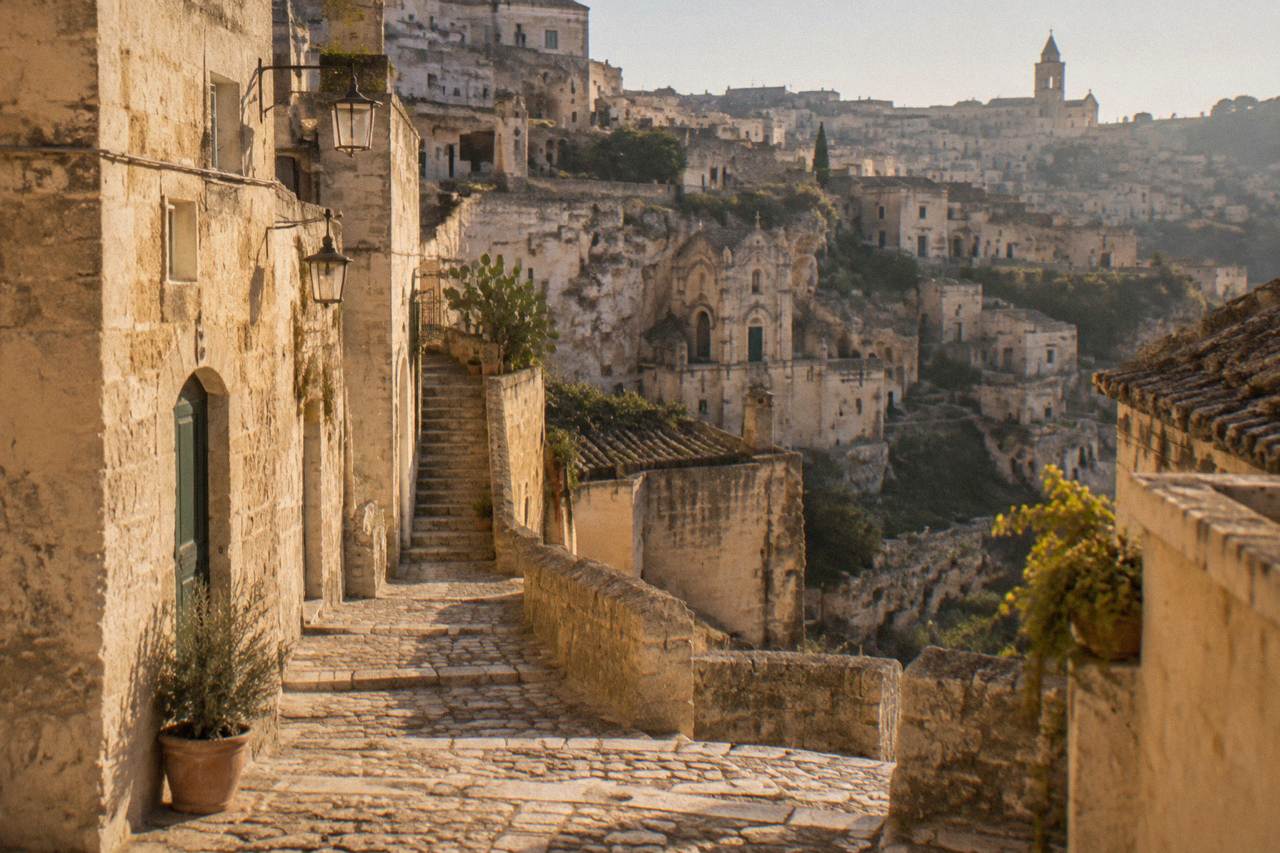 A narrow stone lane in the Sassi of Matera with stepped stairways between pale tufa buildings