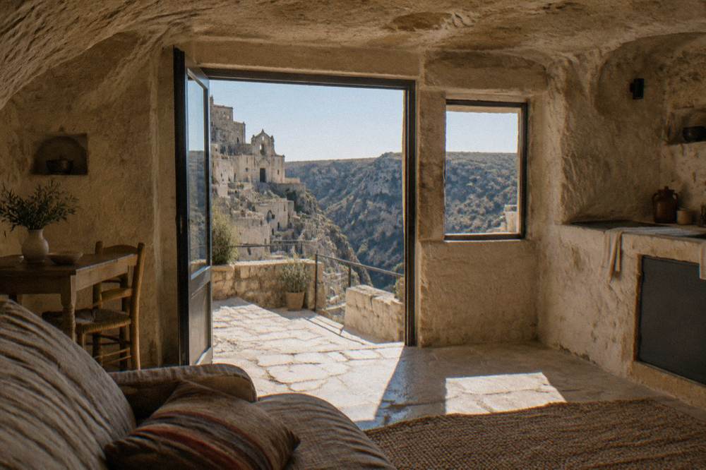 The interior of a restored cave house with stone furnishings and a rock ceiling