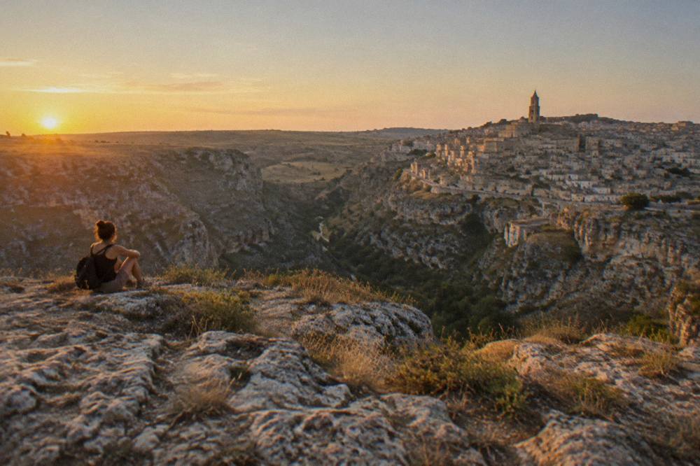 The Gravina canyon and the Murgia plateau seen from a viewpoint above the Sassi