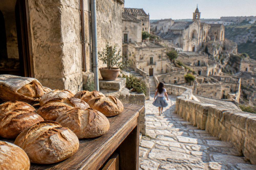 Freshly baked round loaves of Matera bread on a wooden counter