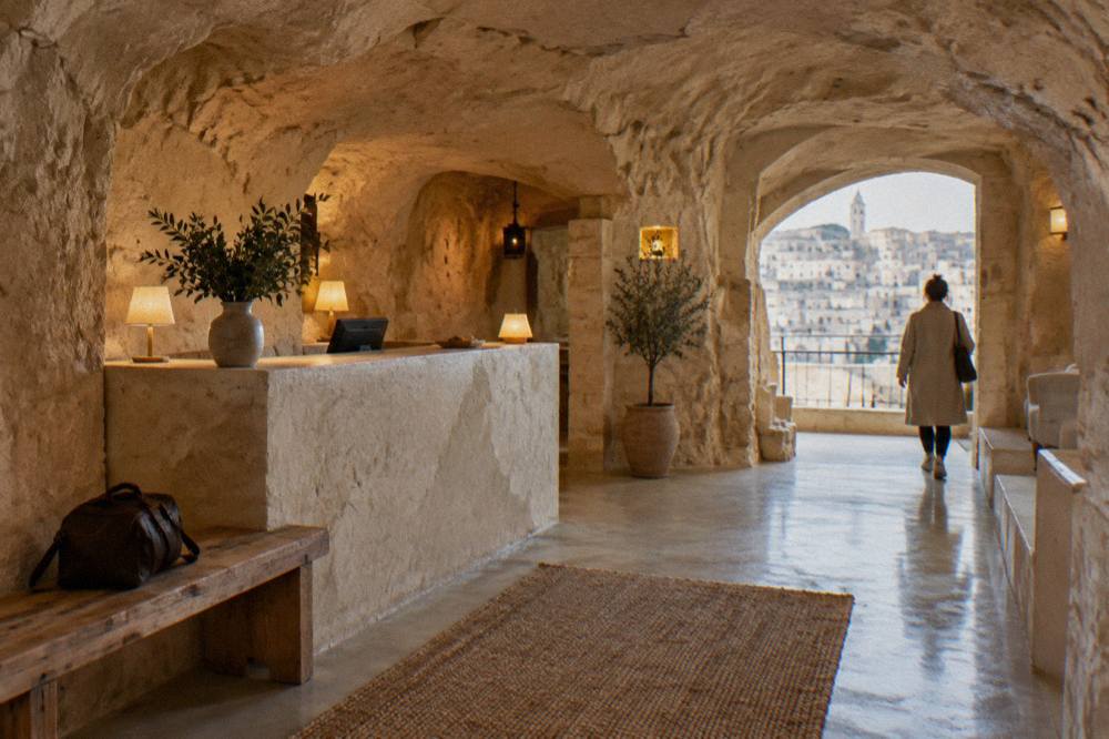 A reception desk inside a stone-vaulted cave hotel in Matera with a wooden luggage bench