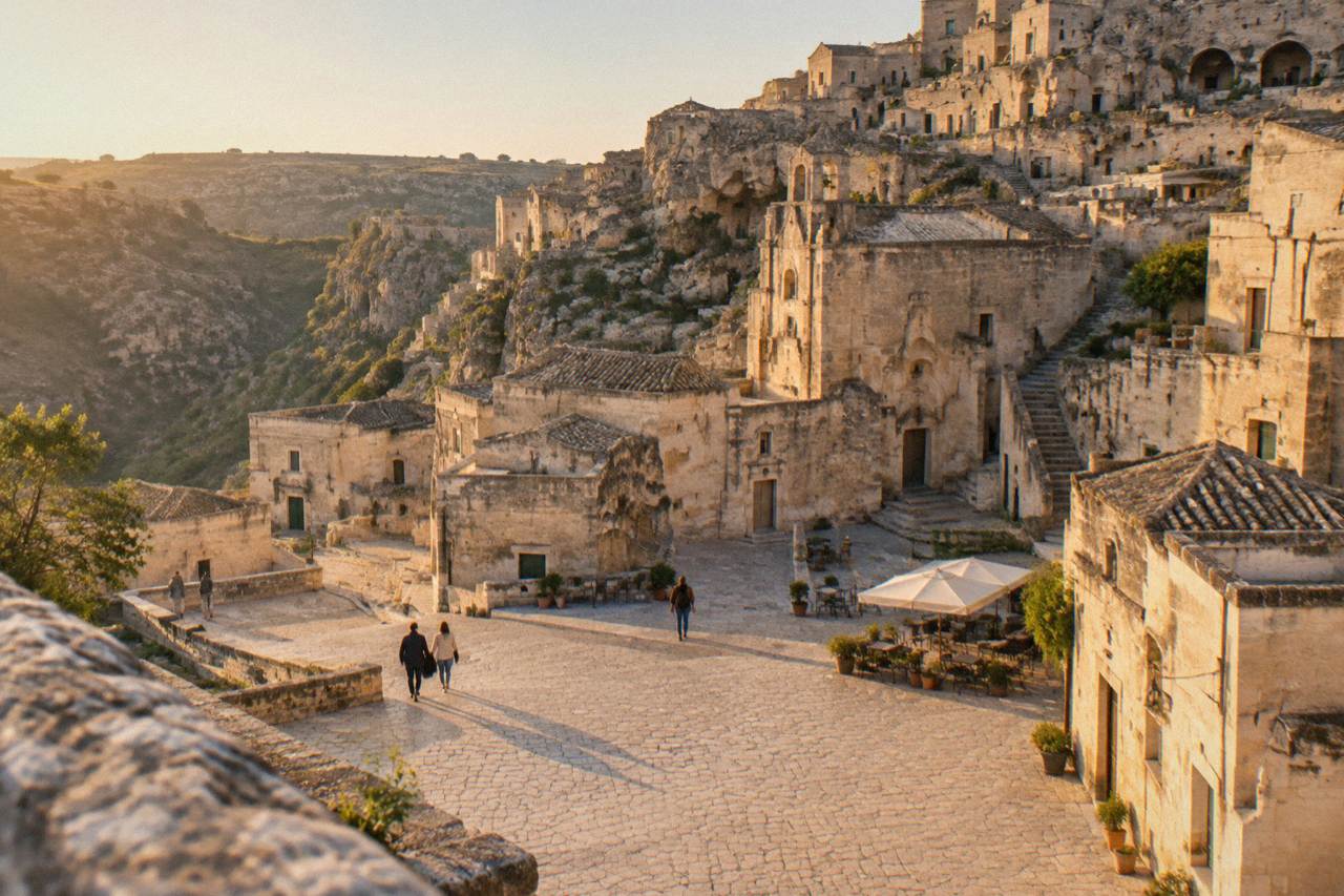 A wide stone-paved square in Matera with pale cave buildings rising on the hillside behind it