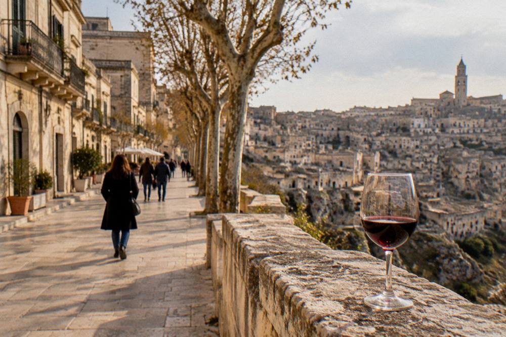A glass of red wine on a stone terrace overlooking the old cave city at golden hour
