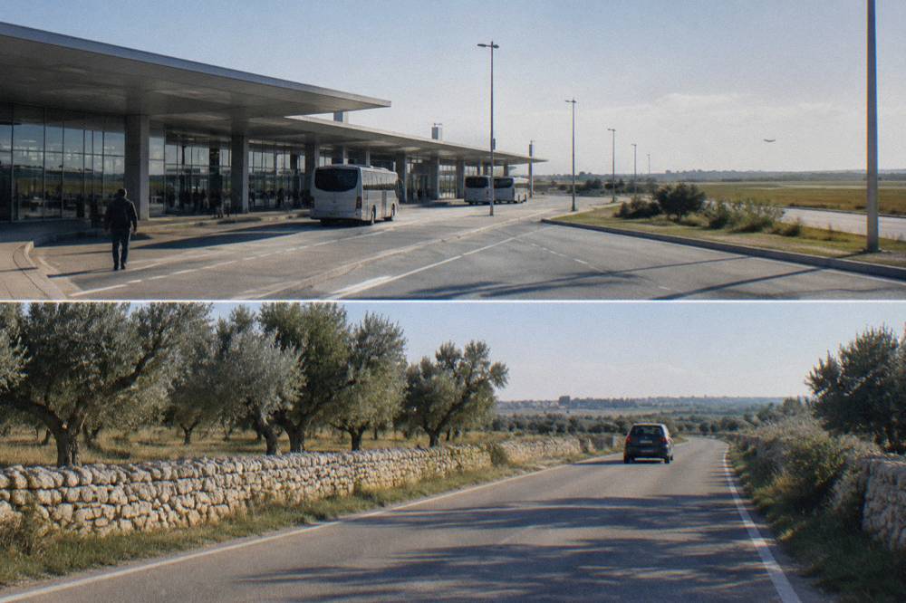 A car travelling on a quiet southern Italian country road past olive groves and stone walls