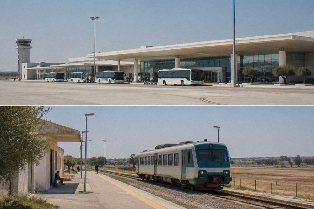 A single-car regional train waiting at a small southern Italian railway station platform