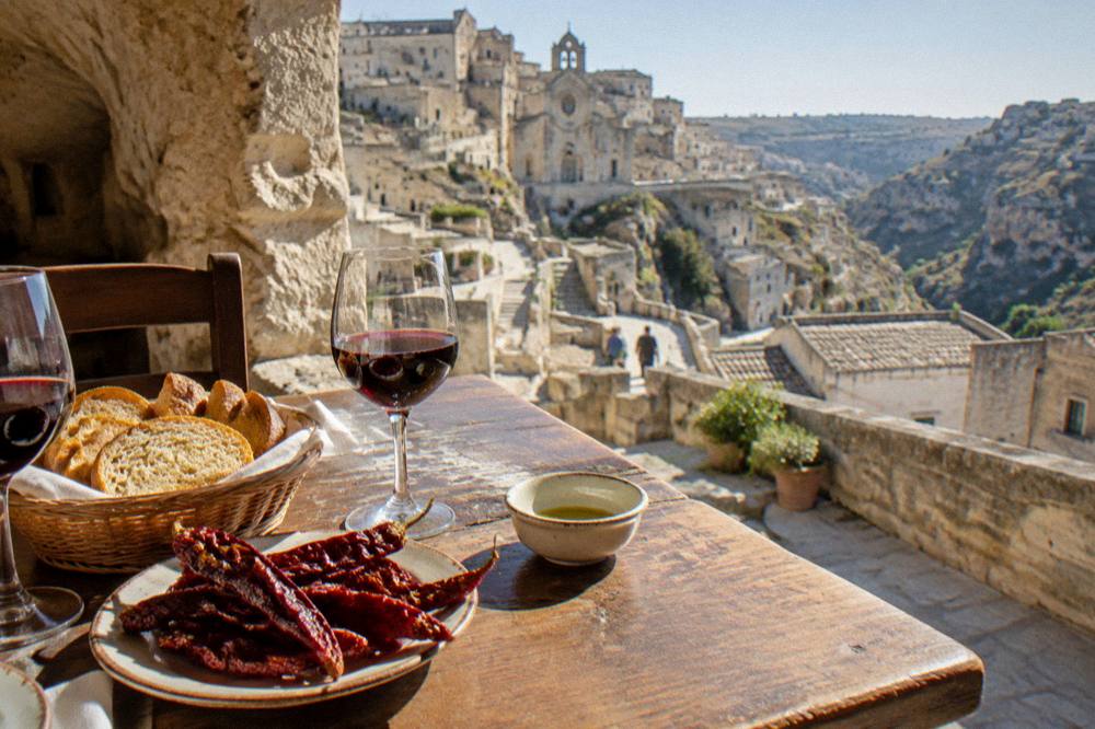 A rustic table with bread, cruschi peppers and red wine in a Matera cave restaurant