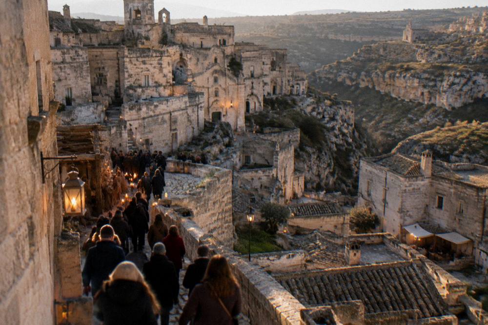 A crowd with warm coats walking a lantern-lit street in the Sassi during the living nativity