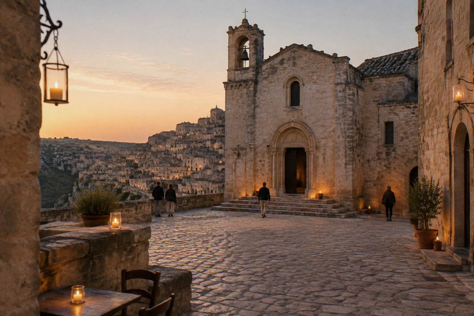 Church square in the Sasso Caveoso with simple candle-style lighting at dusk, no faces