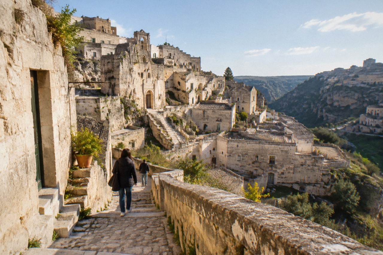 Pale stone buildings and cave dwellings of the Sassi of Matera under a clear spring sky