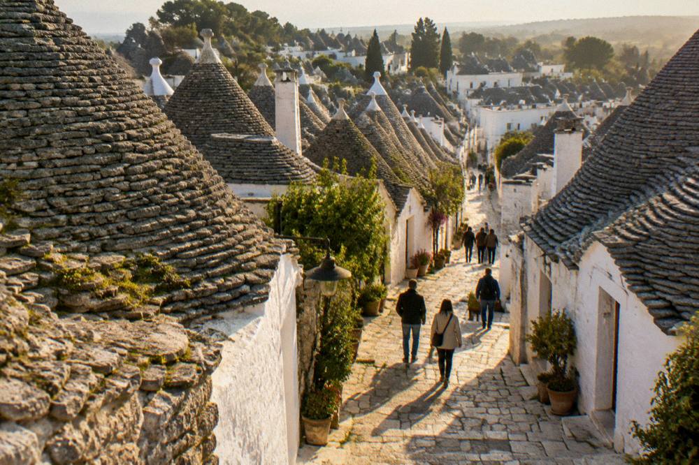 Whitewashed trulli houses with conical stone roofs in Alberobello