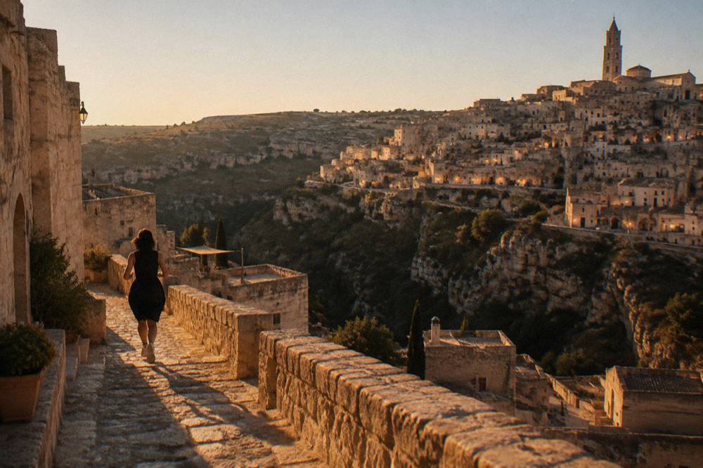 A panoramic terrace at night looking across a dark canyon at the lit terraces of the Sassi districts