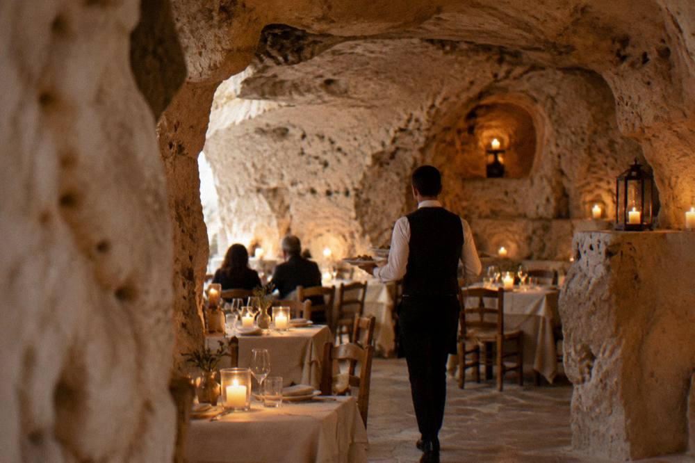 A waiter carrying plates to tables set inside a candle-lit cave restaurant carved from stone