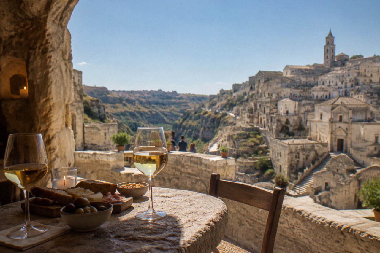 Wine glasses and small snacks on a stone table in a candlelit Matera cave bar