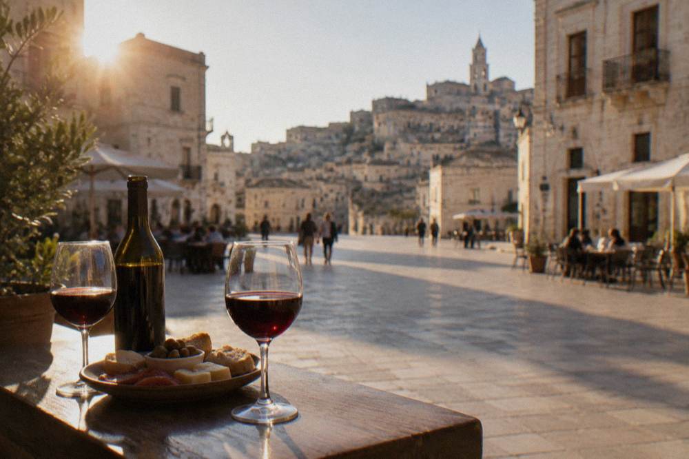 Two glasses of red wine on a wooden counter beside a bottle and a plate of local snacks
