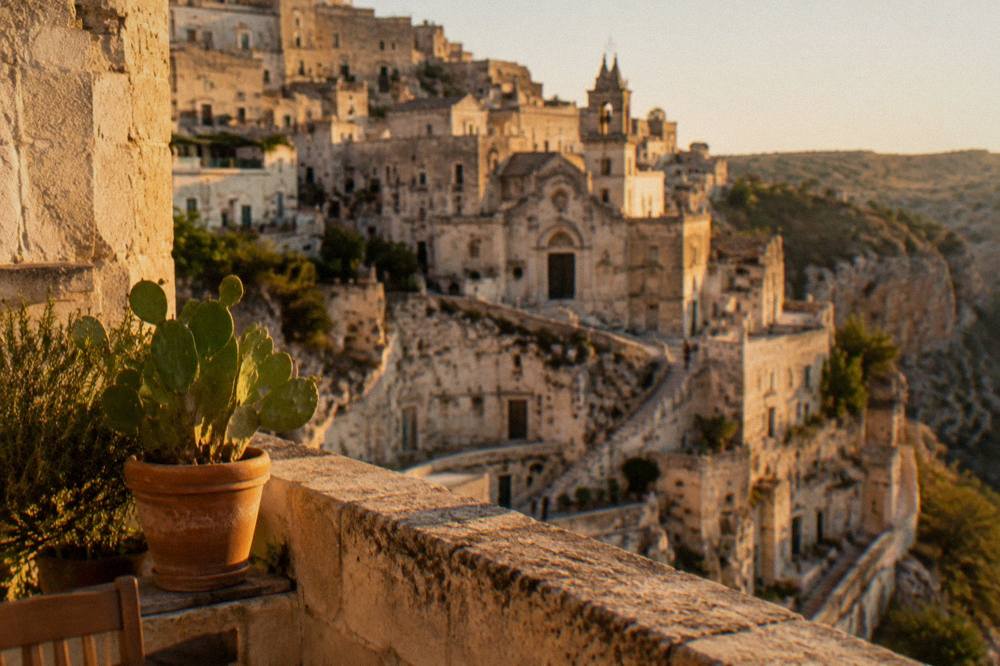 Golden evening light on the cave houses of the Sassi seen from a terrace