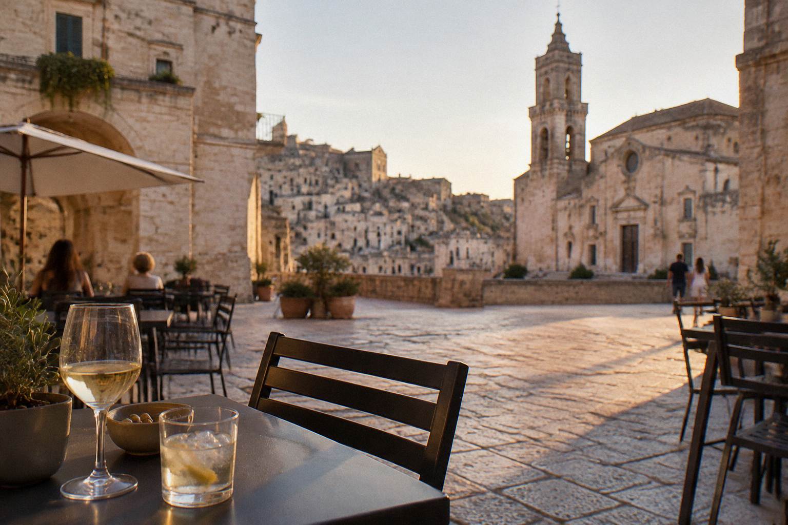 Outdoor tables and glasses on a paved square at dusk with historic buildings behind