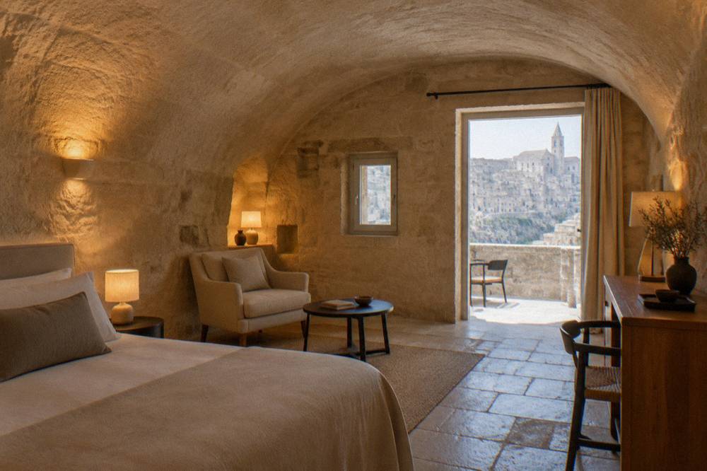A rock-cut hotel room with vaulted stone ceiling and warm lighting in Matera