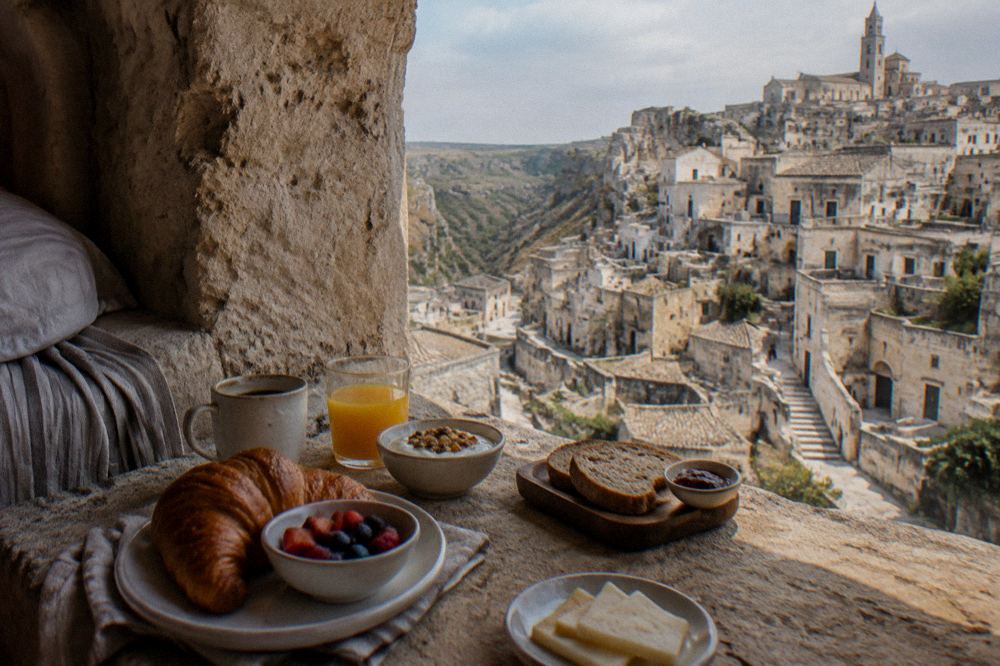 Breakfast laid out on a stone ledge inside a cave hotel room in Matera