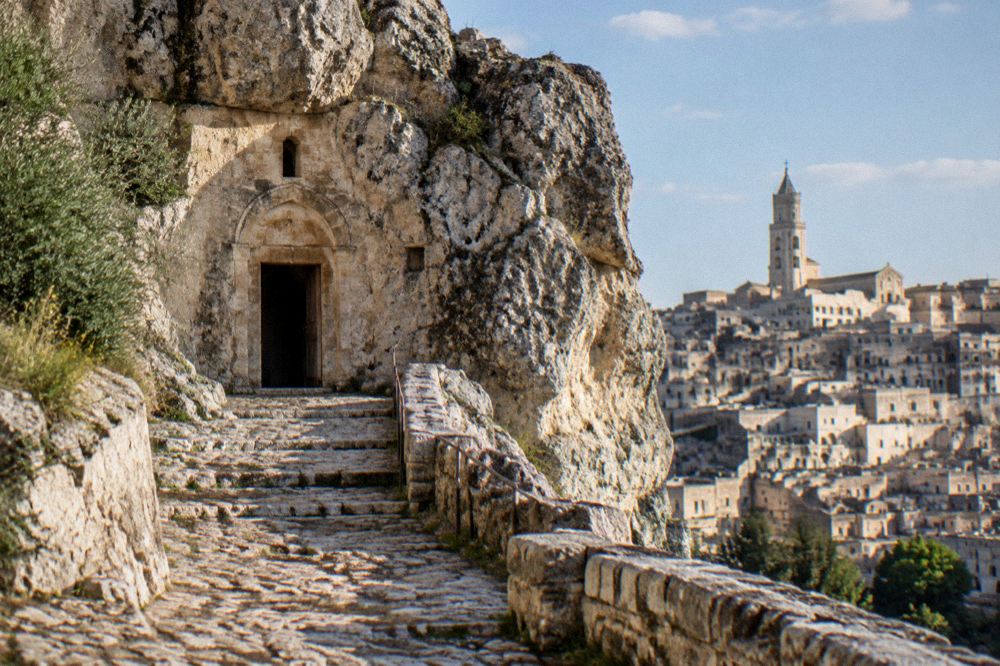 The rupestrian church of Madonna de Idris carved into the rock above the Sassi of Matera