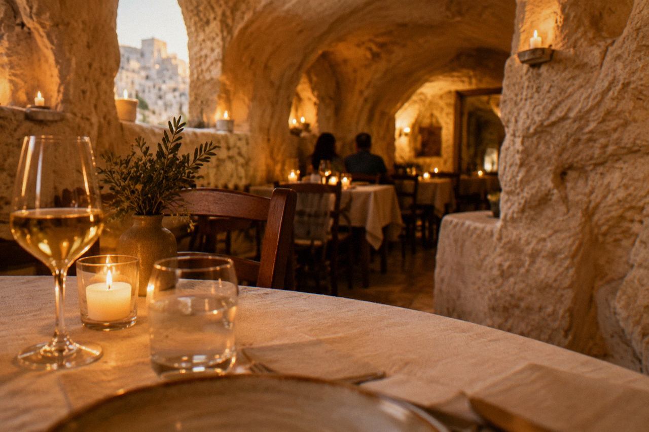 A candle-lit dining room carved into pale stone inside a Matera cave restaurant