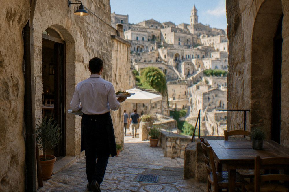 A waiter carrying plates through a narrow stone passage between cave dining rooms