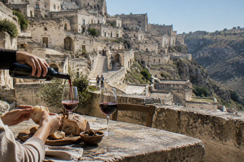 Hands breaking rustic bread and pouring red wine at a stone table