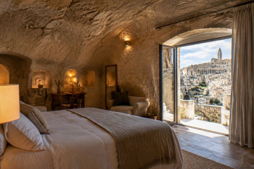 A cave hotel bedroom with a carved stone ceiling and soft warm lighting