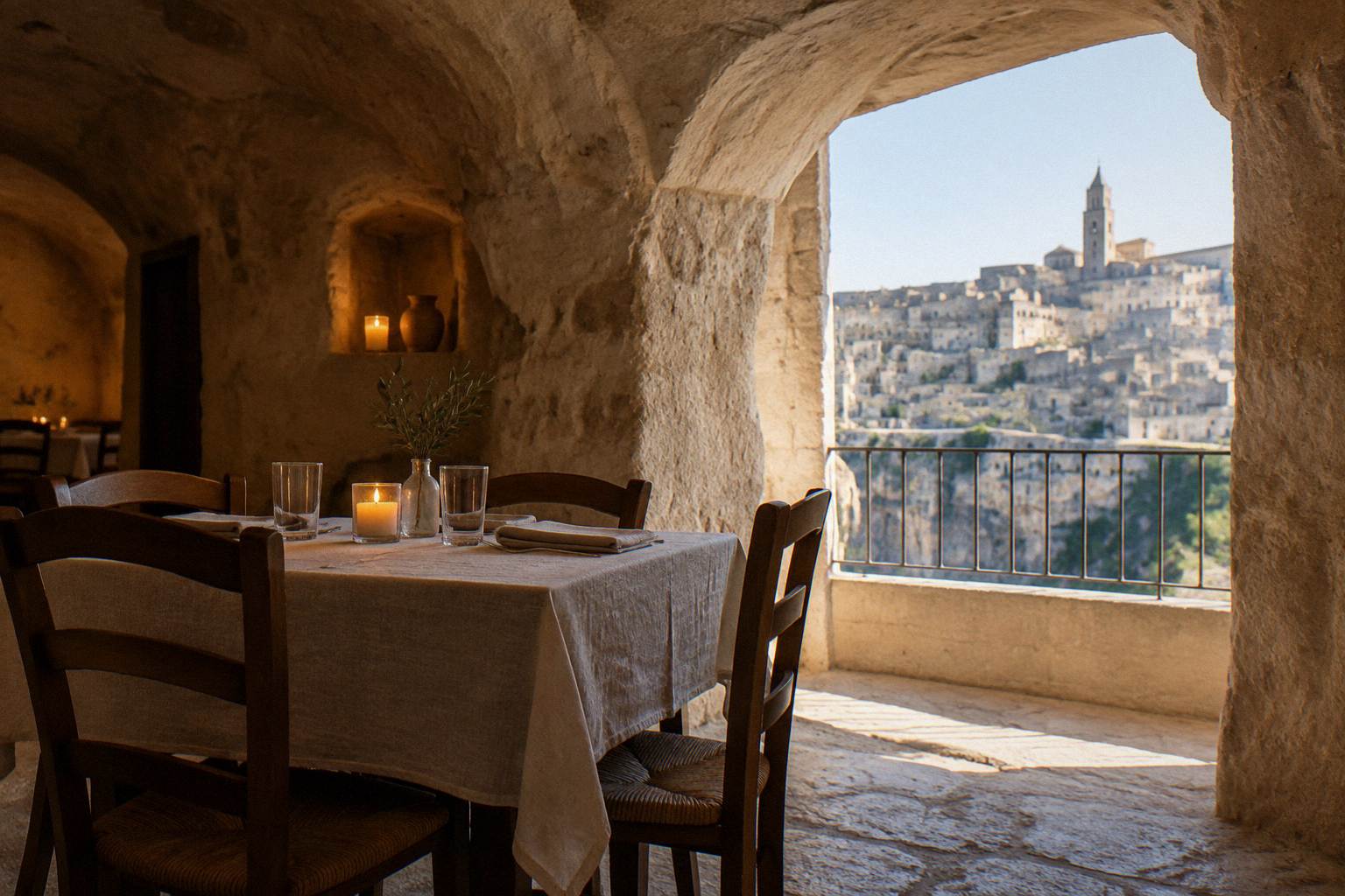 Candle-lit table set inside a stone-vaulted cave room, empty chairs, no signage
