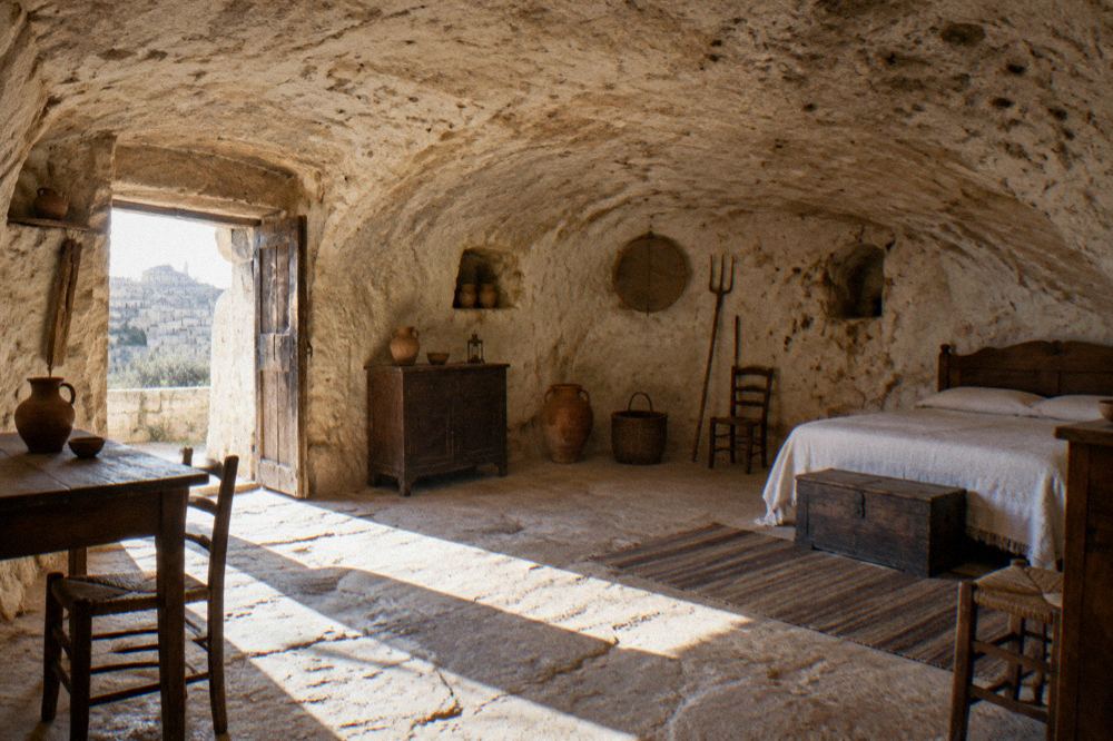 An interior of a cave house museum with a bed, pottery and rustic furnishings carved into the rock