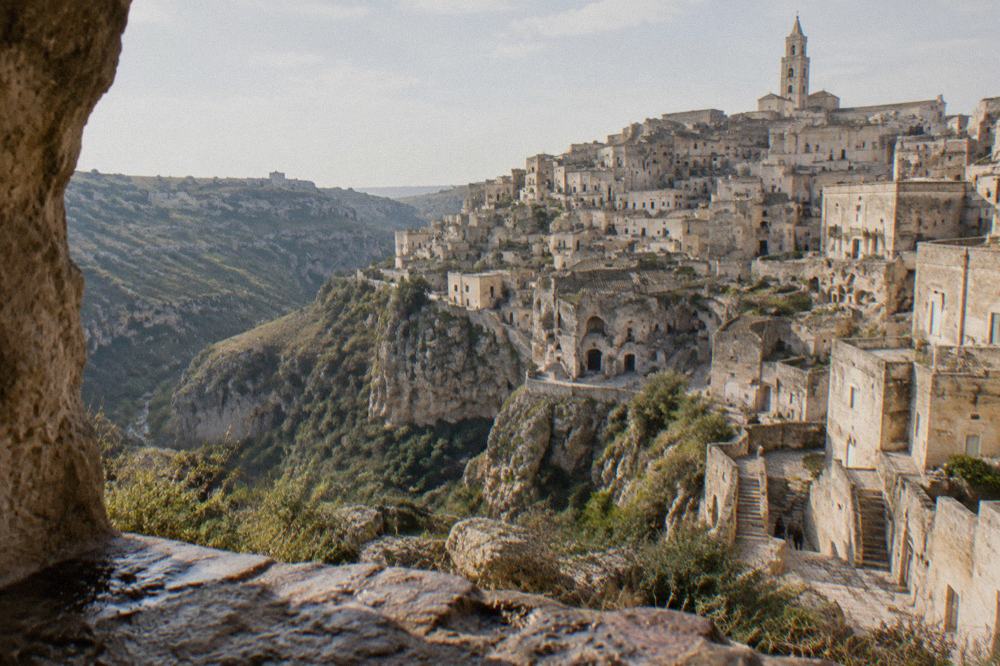 The Sassi districts seen from the rocky Murgia plateau across the Gravina canyon