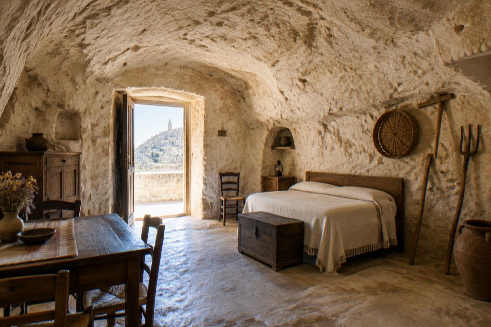 A warmly lit cave restaurant with vaulted stone ceiling and set tables