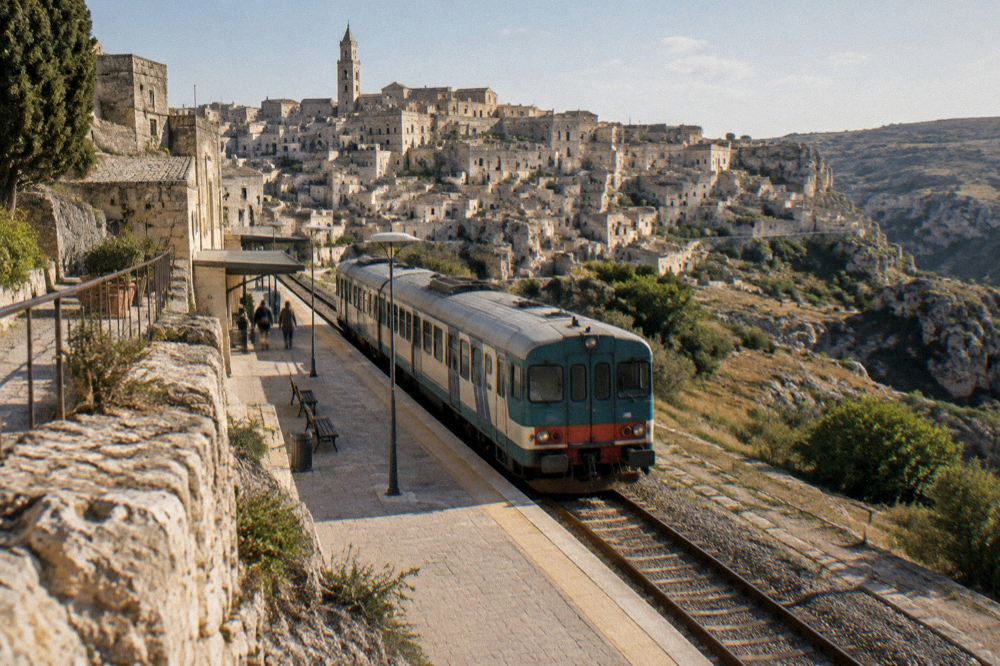 A diesel train waiting at a small provincial railway station platform