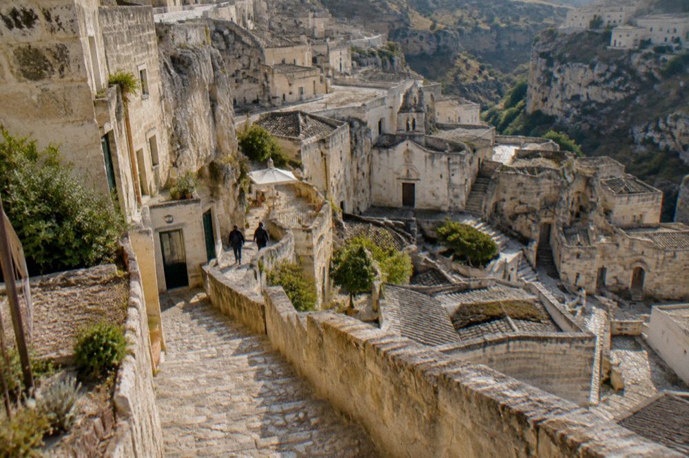 Steep stone steps connecting cave houses in the Sassi district of Matera