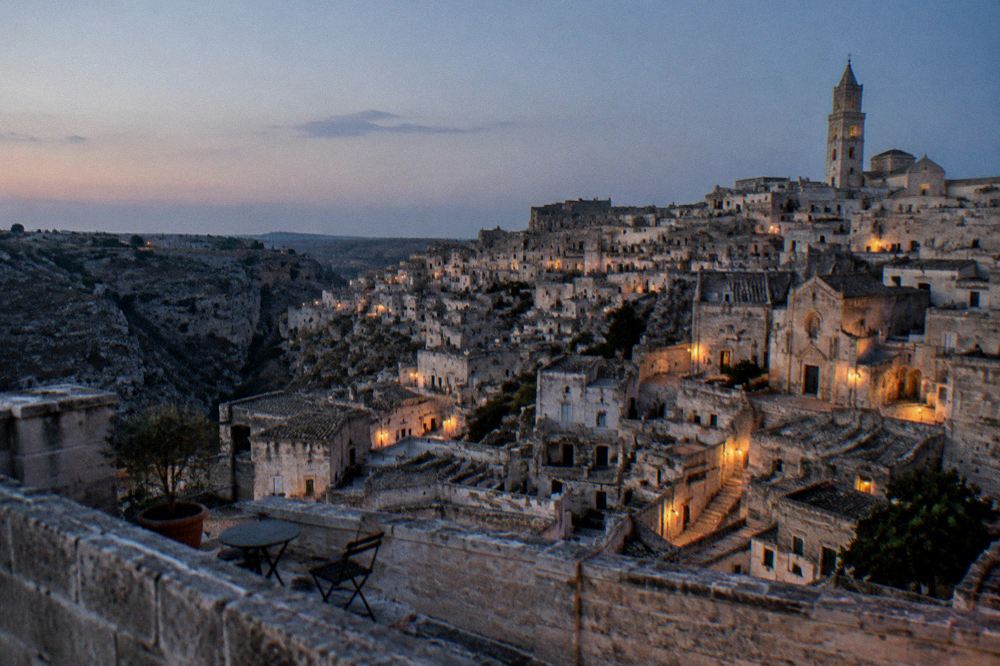 Evening light on the Sassi district seen from a rooftop viewpoint in Matera