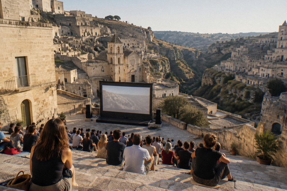 Audience seated on stone steps in a Matera square watching an outdoor evening screening