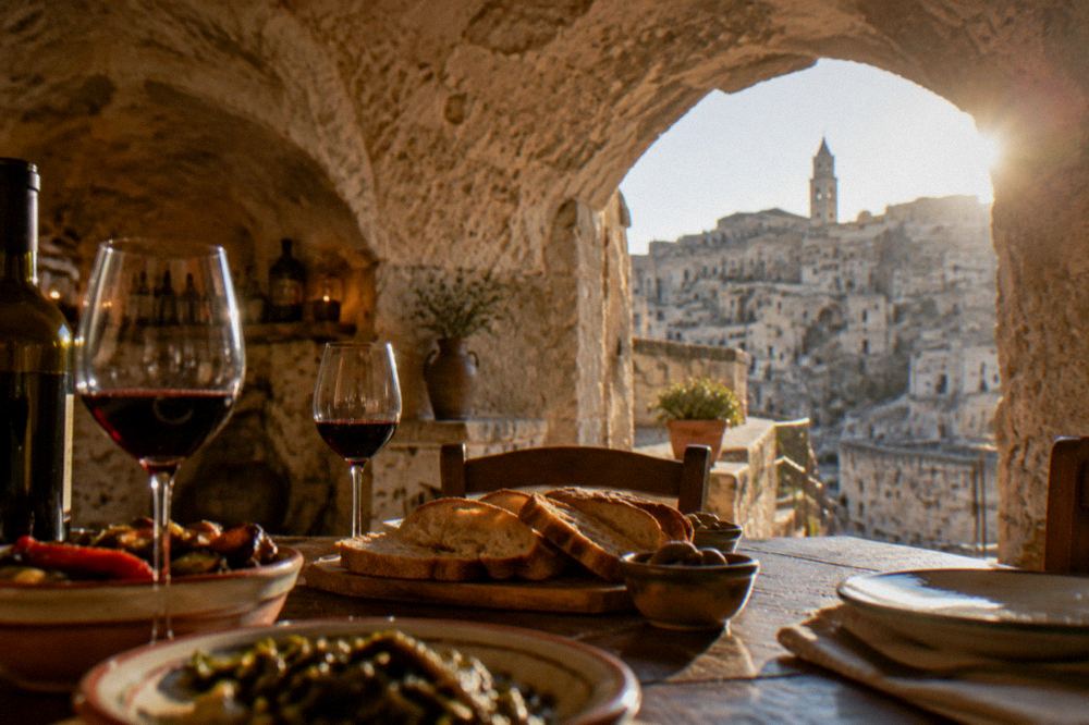A table set with local wine, bread and vegetable dishes inside a cool stone-vaulted cellar