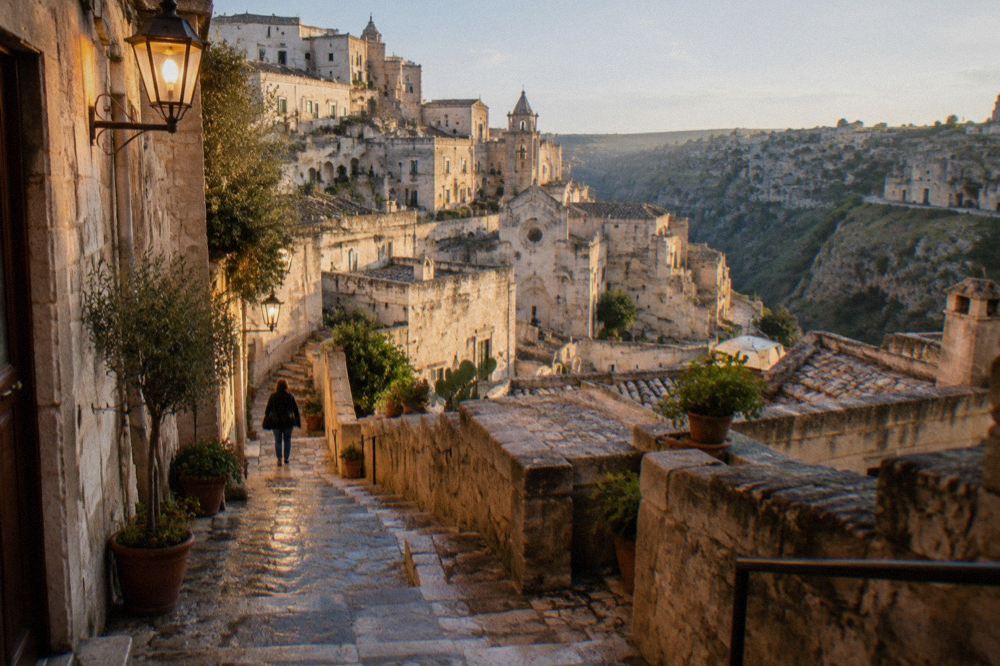 A narrow stepped lane in the Sassi of Matera with damp stone steps and warm lamplight in late afternoon