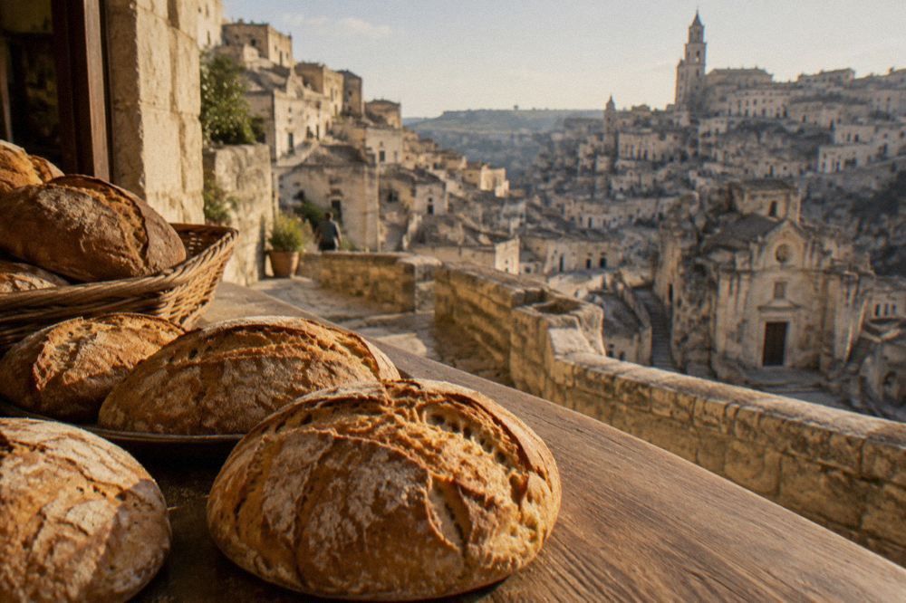 Rounds of rustic Matera bread with a coarse crust resting on a wooden bakery counter