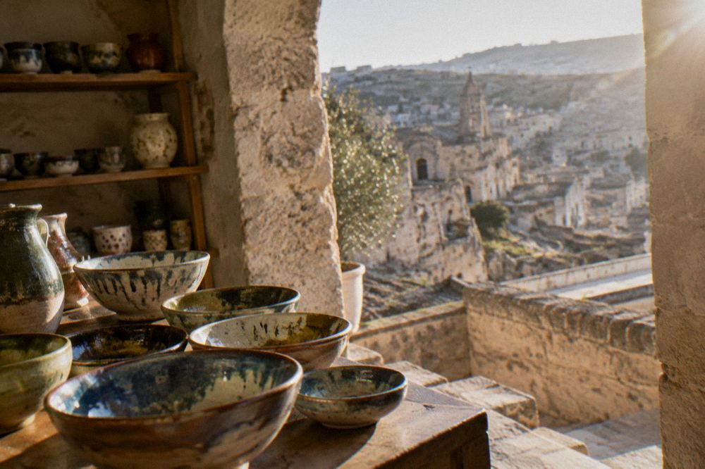 A display of handmade ceramic bowls and glazed pottery inside a small Matera workshop
