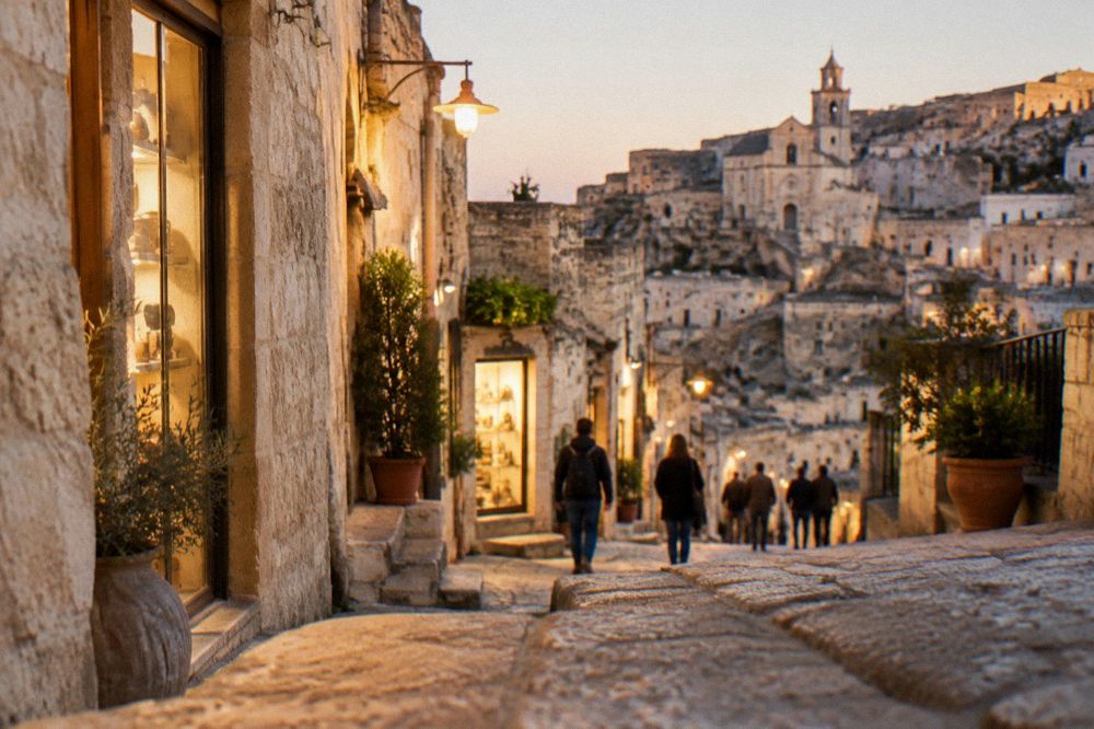 An evening street in Matera with lit shop windows and people walking under warm lamps