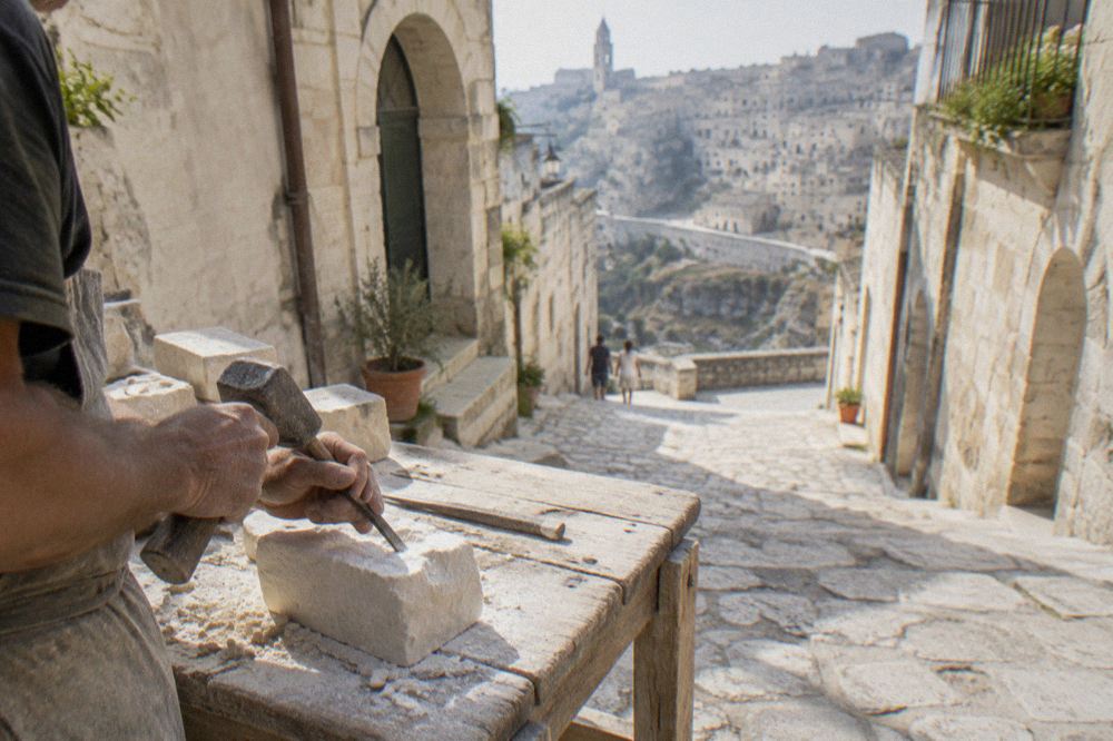 A stoneworker's hands shaping a small block of pale limestone on a wooden bench
