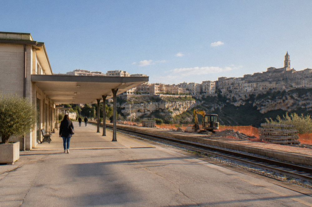 Railway construction works beside a limestone valley in the southern Italian countryside