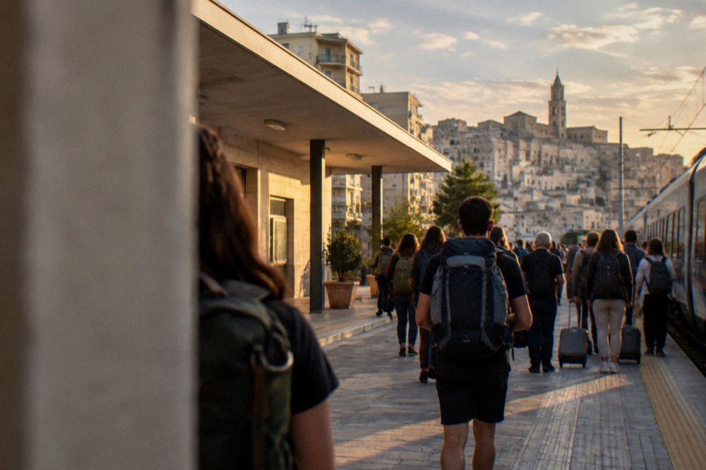 Crowds of travellers with backpacks on a station platform under a warm evening sky