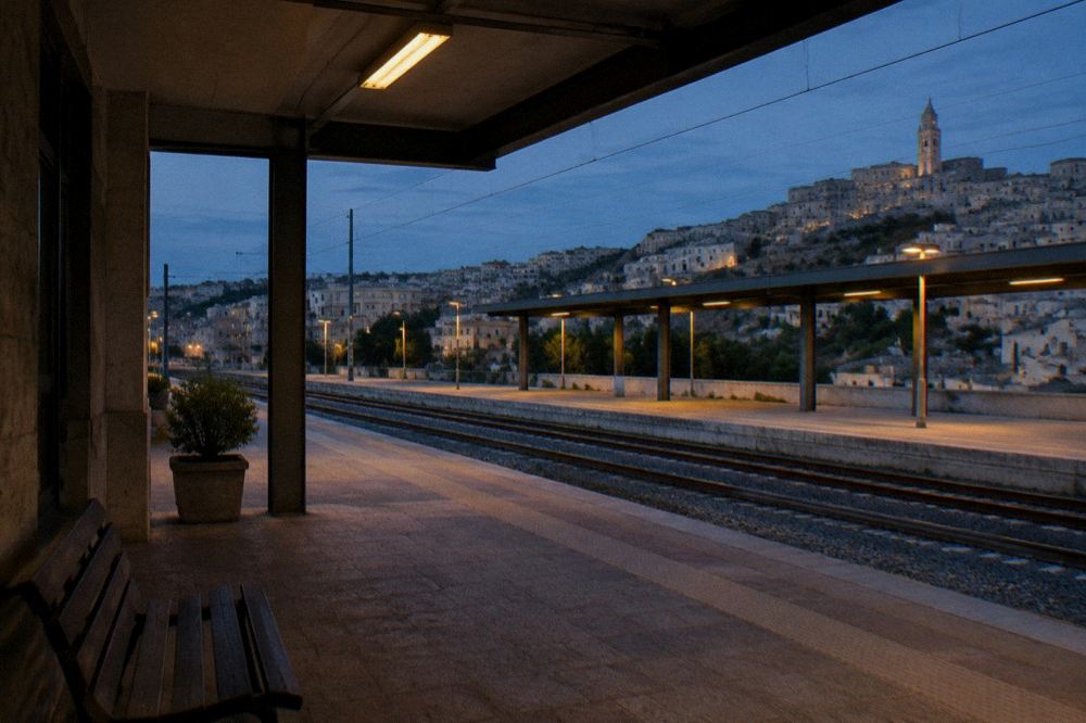 An empty station platform at dusk with warm lights above the tracks and hills beyond