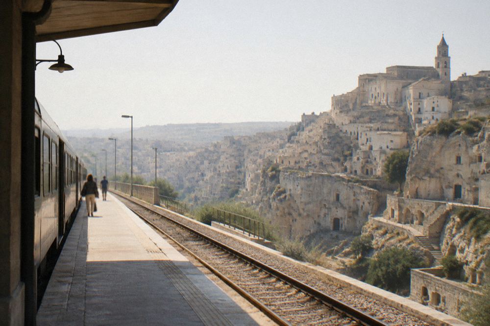 A regional train at a small southern Italian station platform in the afternoon
