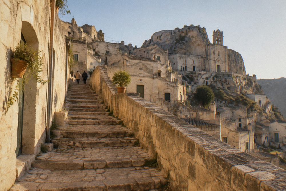Quiet stone staircase in the Sassi of Matera in soft morning light with few people about