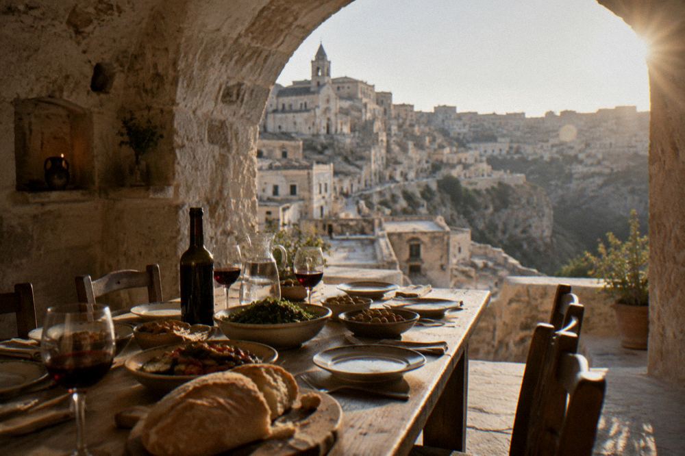 A long table set with bread, wine and vegetable dishes inside a stone-vaulted Matera dining room